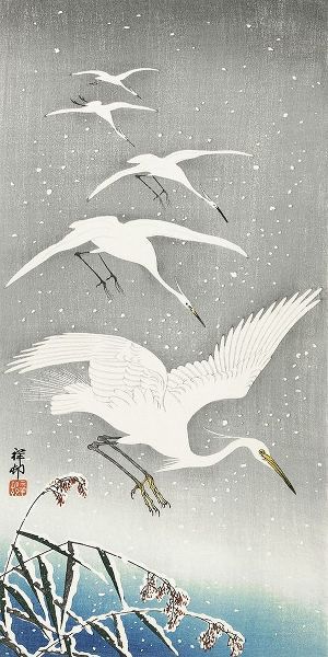 Koson, Ohara 아티스트의 Descending egrets in snow작품입니다.