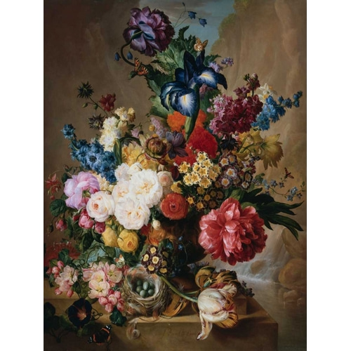 Poppies Peonies and other Flowers in a Terracotta Vase