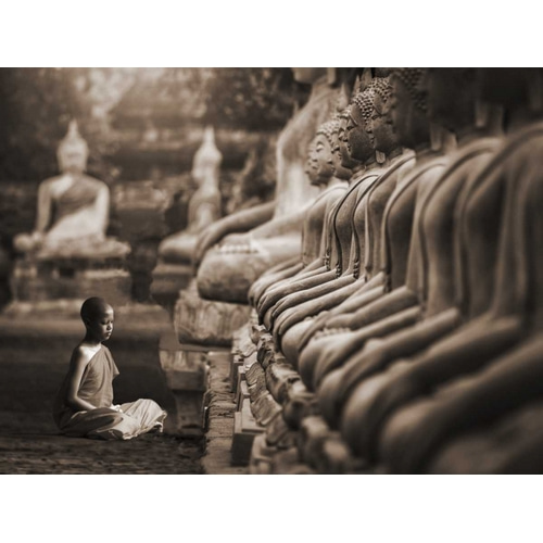 Young Buddhist Monk praying, Thailand (sepia)