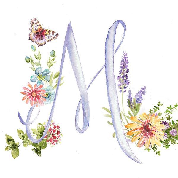 Watercolor Herb Blossom Monogram M