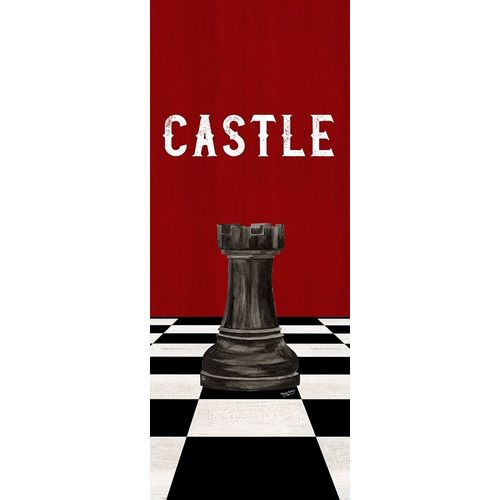 Rather be Playing Chess Pieces black on red panel II-Castle