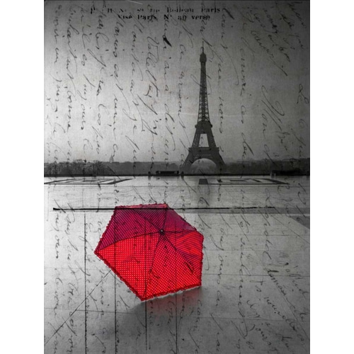 Red umbrella in front of the Eiffel tower with handwritting overlay