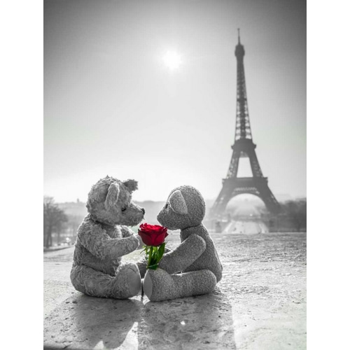 Two Teddy bears with a rose next to the Eiffel tower