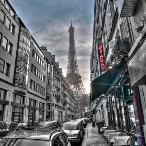 Eiffel tower from city street, Paris, France