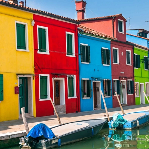 Gondolas moored along the canal, Venice, Italy