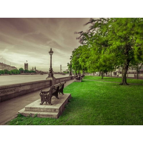 Bench at the park by the river Thames, London, UK