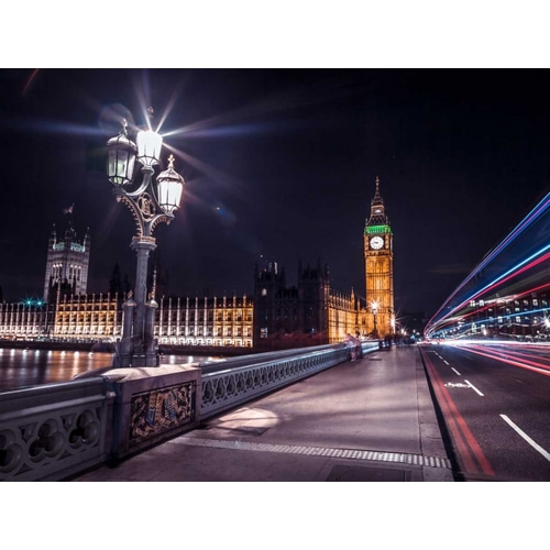 Westminster Bridge on river Thames with strip lights, London, UK