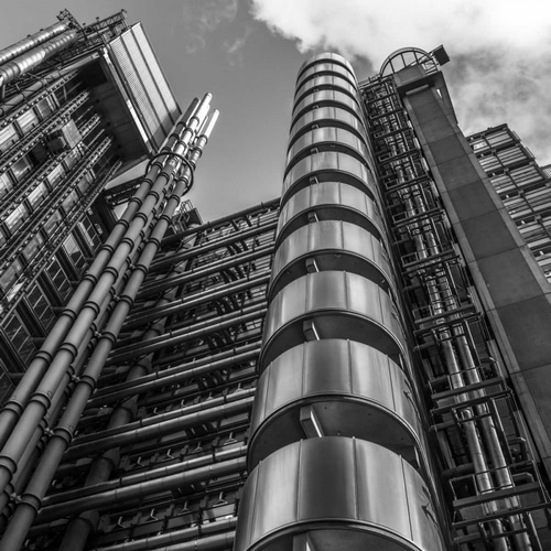 Low angle view of Lloyds building, London, UK