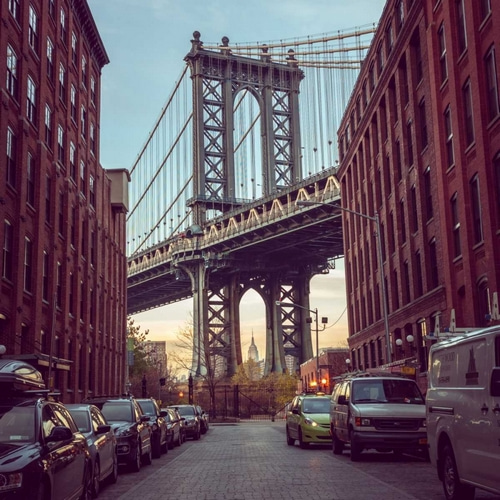 Manhattan Bridge seen from the Dumbo neighborhood in Brooklyn, New York