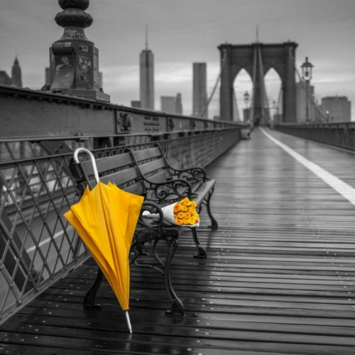 Yellow umbrella and bunch of roses on bench on pedestrian pathway, Brooklyn bridge, New York