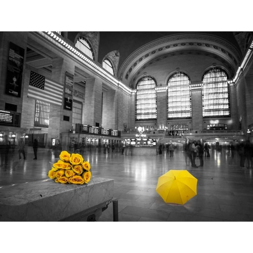 Bunch of yellow roses and umbrella in Grand Central Terminal, New York