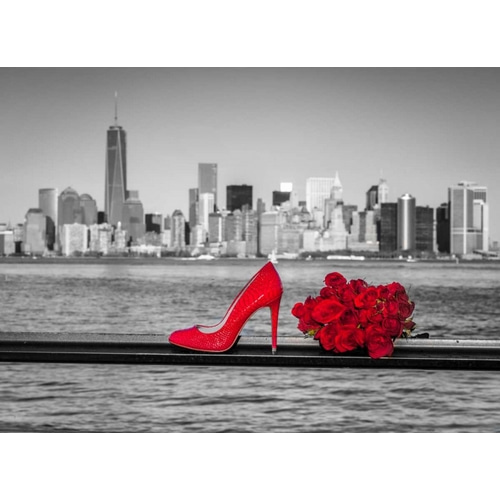 High heel shoe with bunch of roses against Lower manhattan skyline, New York