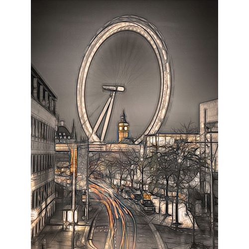 Frank, Assaf 아티스트의 Night shot of London street with Millennium wheel in background 작품