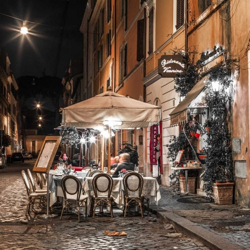 Sidewalk cafe on narrow streets of Rome, Italy, FTBR-1804