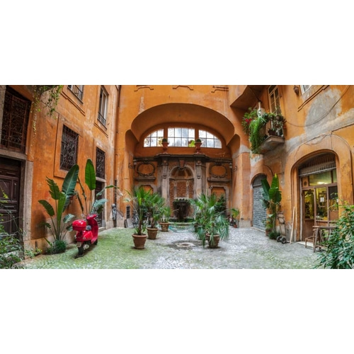 Old Fashioned house with potted plants and scooter, Rome, Italy