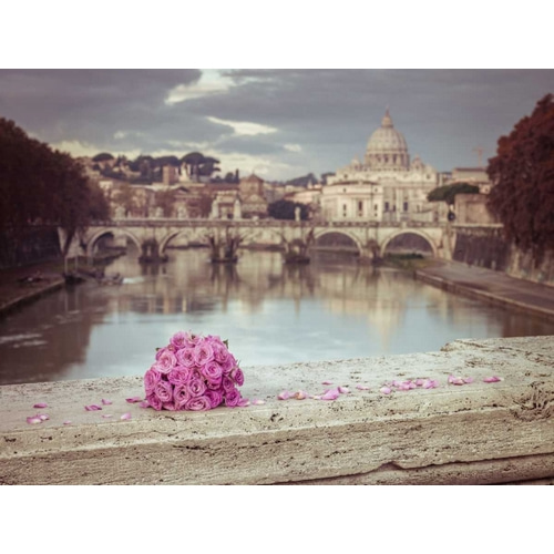Bunch of roses on bridge with Basilica di San Pietro in Vatican, Rome, Italy