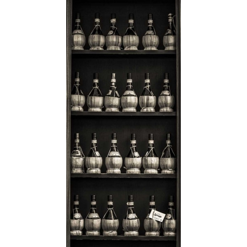 Old wine bottles on wooden shelf