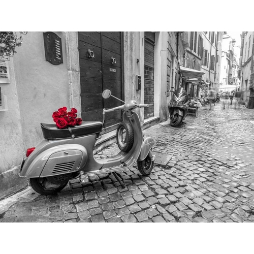 Old scooter with bunch of roses on narrow street of Rome
