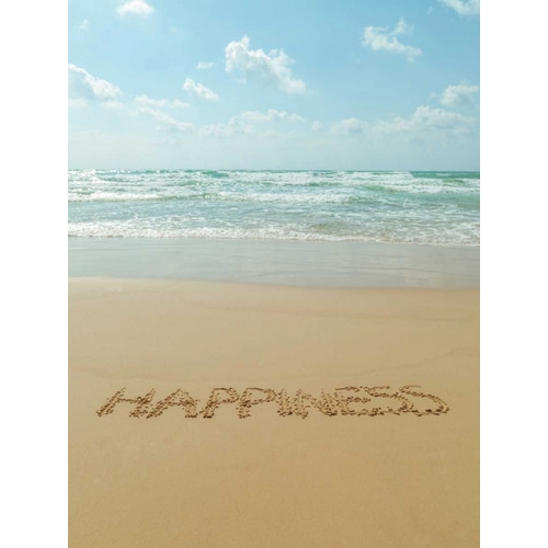 Word Happiness written in sand on the beach