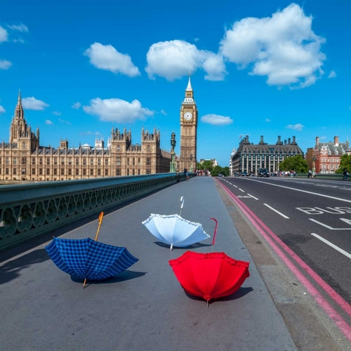 Colourful umbrellas on Westminster Bridge , London, UK