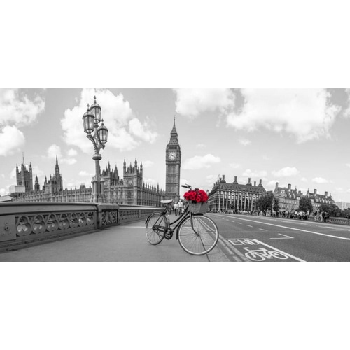 Bicycle with bunch of flowers on Westminster Bridge, London, UK