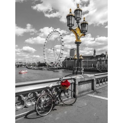 Bicycle with bunch of flowers on Westminster Bridge, London, UK