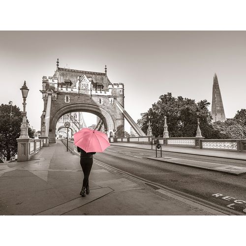 Lady with a pink umbrella, Tower bridge, London