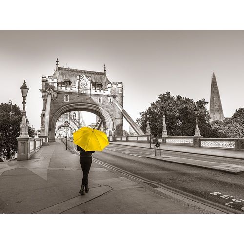 Lady with a yellow umbrella, Tower bridge, London