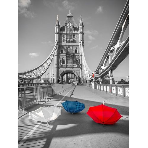 Colorful umbrellas on Tower bridge, London, UK