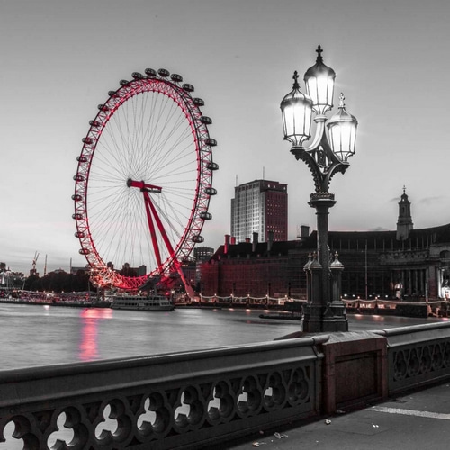 Street lamp on Westminster Bridge with London Eye in background, London, UK