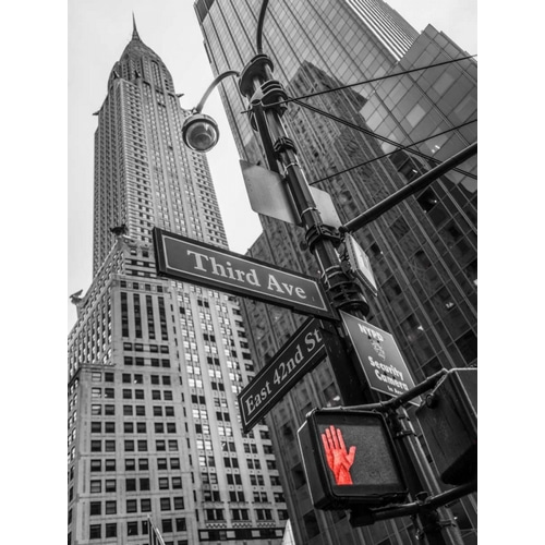 Street sign boards and Chrysler Building in New York city