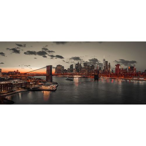 Evening view of Lower Manhattan sky|skyline with Brooklyn bridge over East river, New York, FTBR-190