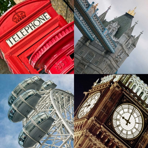 Collage of famous places in London city, UK