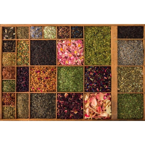 Varieties of tea in a wooden box