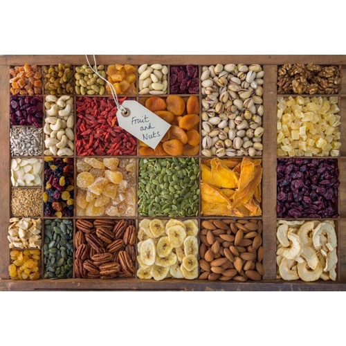 Assorted dry fruits in a wooden box