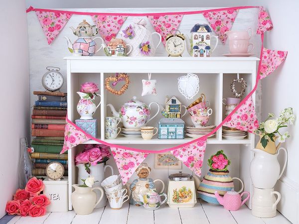 Vintage tea pots, cups , clocks with bunting
