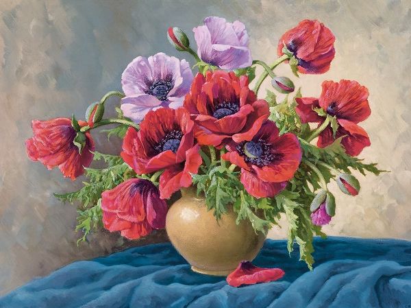 RED POPPIES ON BLUE CLOTH