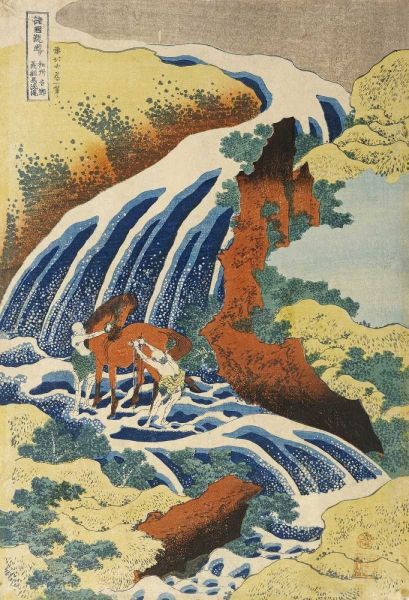 Two Men Washing a Horse in a Waterfall