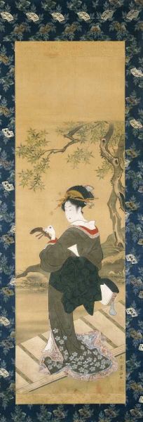Portrait of a Woman Tuning Her Shamisen On a Veranda