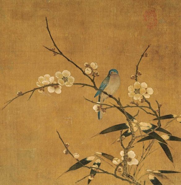 Blue Bird On a Plum Branch With Bamboo
