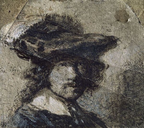 Self Portrait With Cap of Feathers and a Whitecollar - Study
