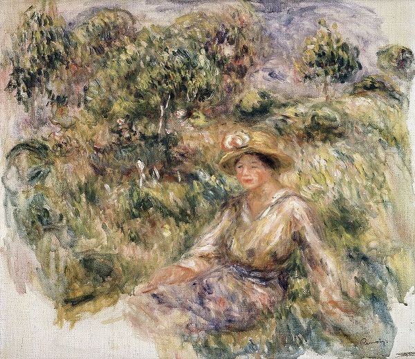 Femme en bleu en chapeau assise sur lherbe