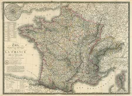 Carte physique et routiere de la France, de la Suisse, 1827