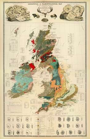 ComVintageite: Geological, palaeontological map British Islands, 1854