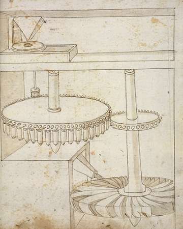 Folio 44: mill powered by horizontal wheel