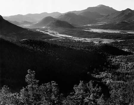 Valley surrounded by mountains, in Rocky Mountain National Park, Colorado, ca. 1941-1942