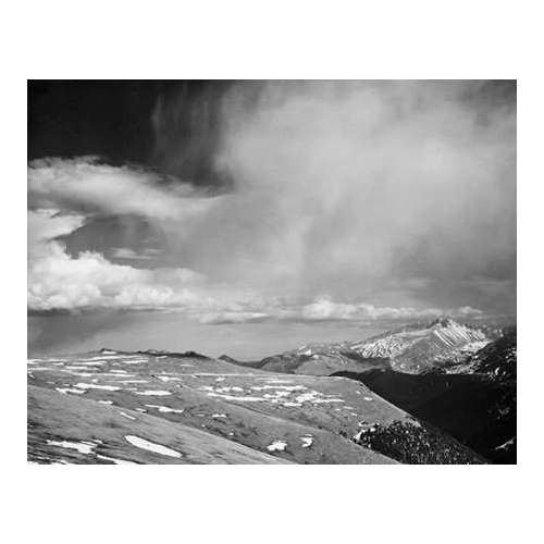 Mountain tops, low horizen, low hanging clouds, in Rocky Mountain National Park, Colorado, ca. 1941-