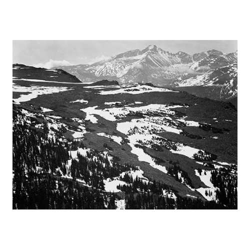 View of plateau, snow covered mountain in background, Longs Peak, in Rocky Mountain National Park, C