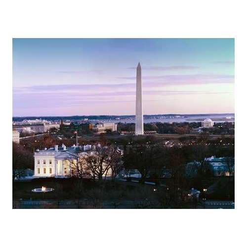 Dawn over the White House, Washington Monument, and Jefferson Memorial, Washington, D.C.