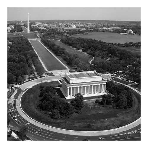 Aerial of Mall showing Lincoln Memorial, Washington Monument and the U.S. Capitol, Washington, D.C.